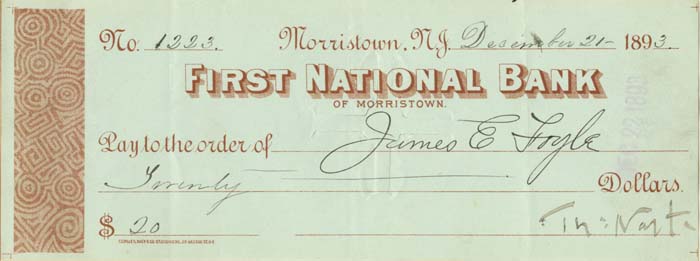 First National Bank of Morristown signed by Thomas Nast